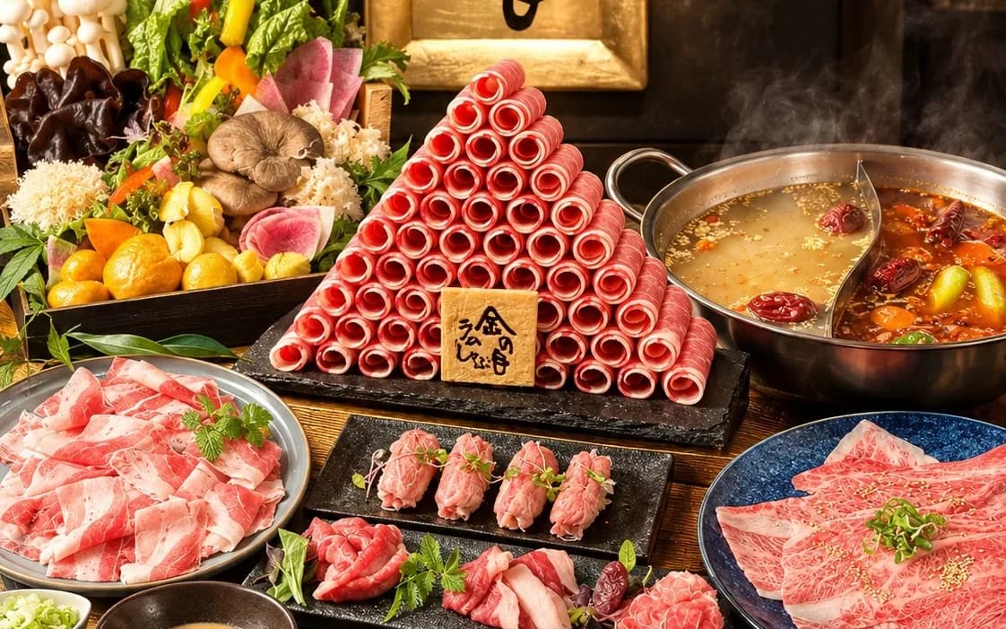 黒い天板に麻辣湯と白湯の二色鍋と、十種の希少きのこを真上から。ときいろひらたけ、白木耳、本しめじ、舞茸、エリンギが広がる